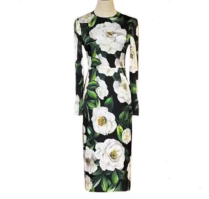 Italian Luxury Designer White Roses print long sleeve 100% silk dress Summer dress