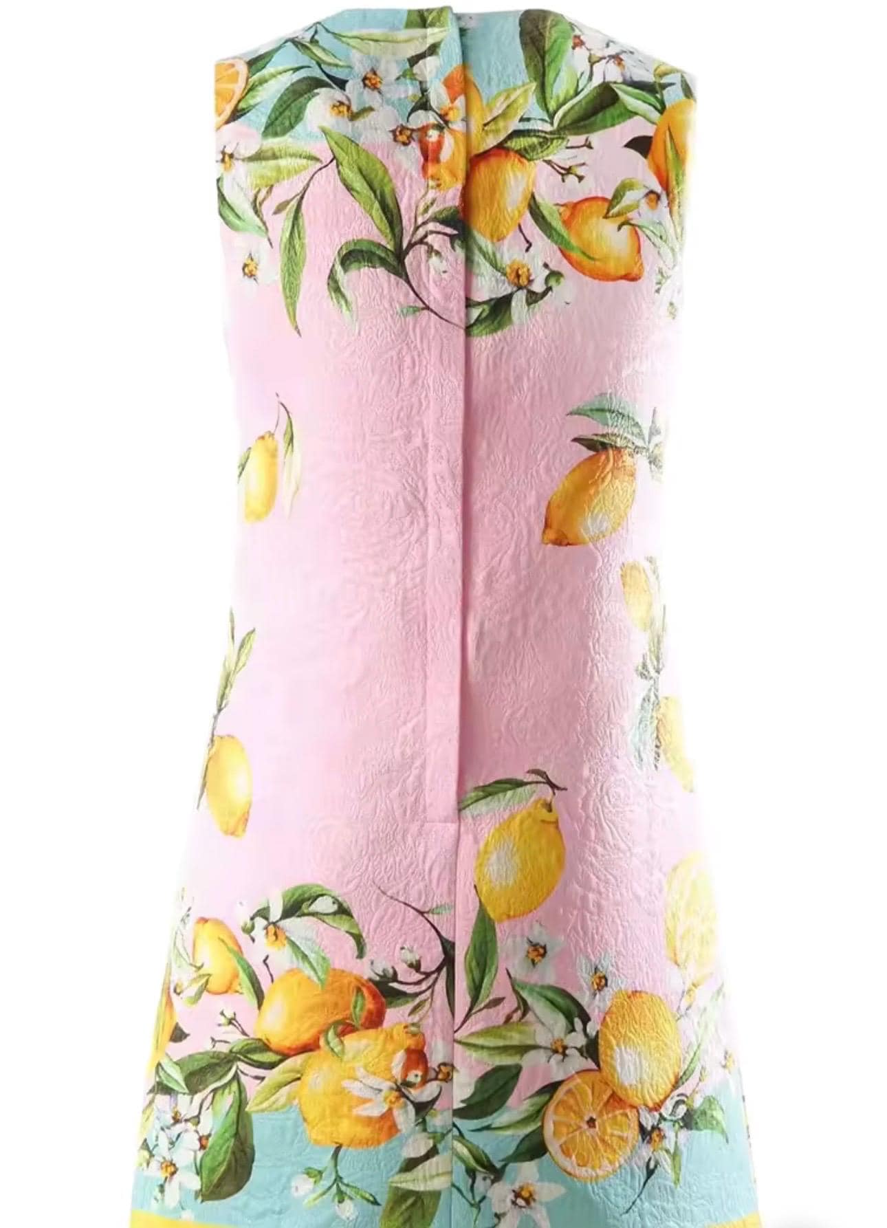 Handmade Italian designer Brocade pink Lemons print sleeveless mini dress
