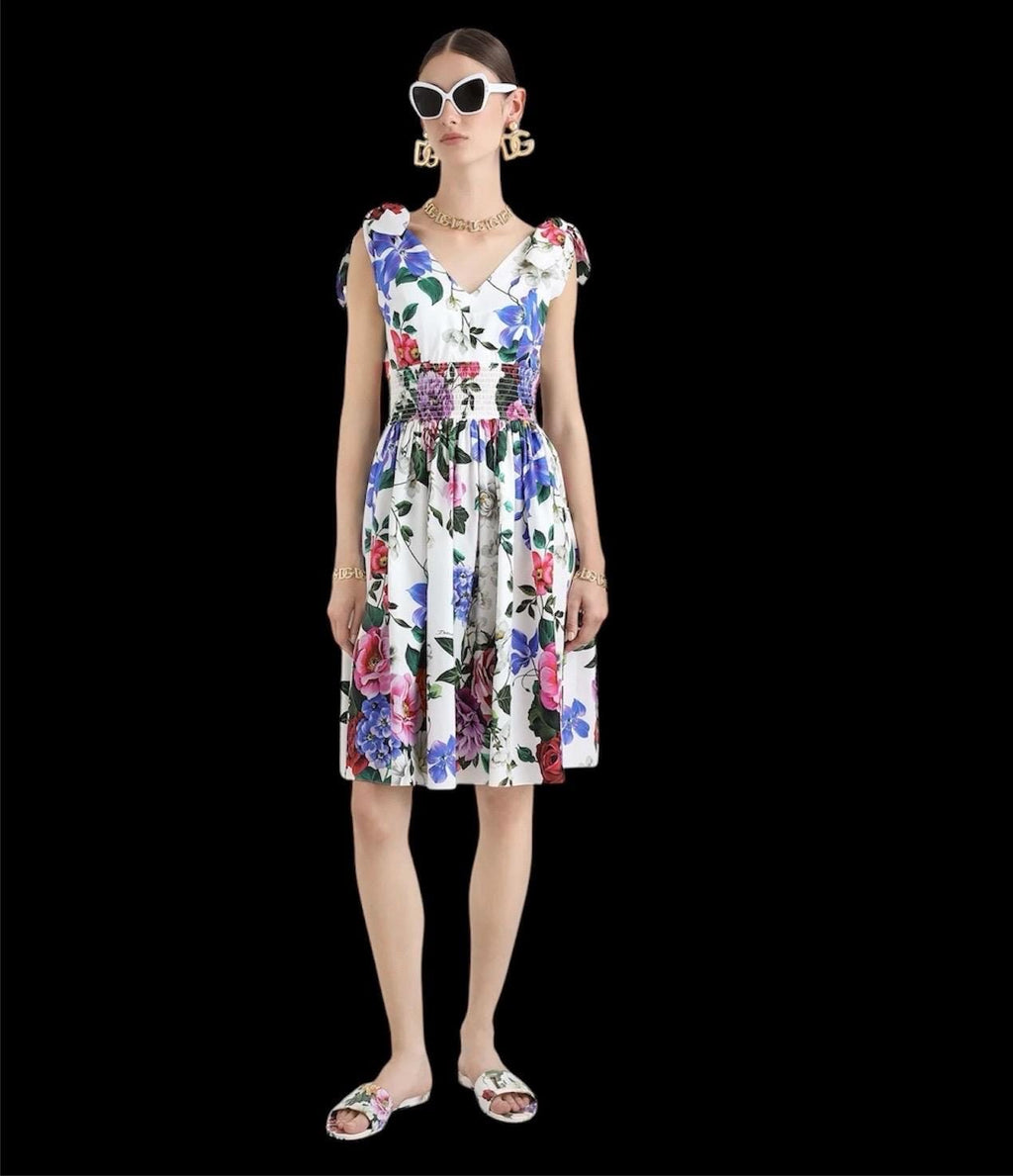 Italian Luxury designer Roses and Violets print 100% cotton sundress