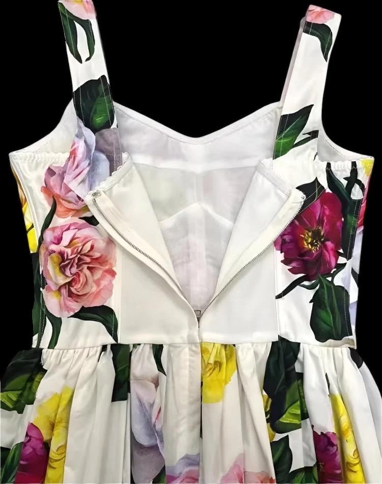 Italian Luxury Pink and Yellow roses print sleeveless 100% cotton dress