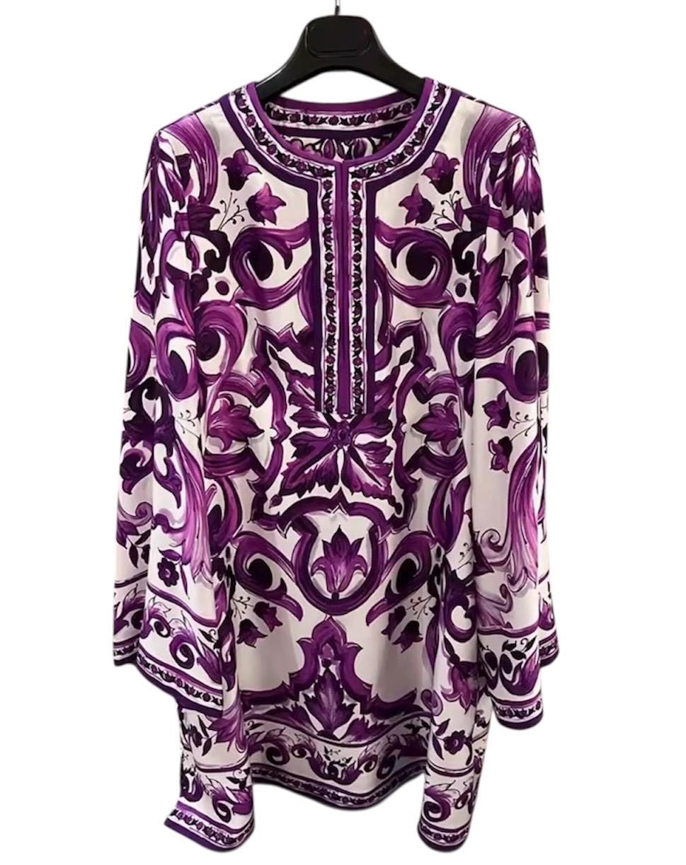 Handmade Italian Silk Brocade Mini Dress: Majolica Print Long Sleeve