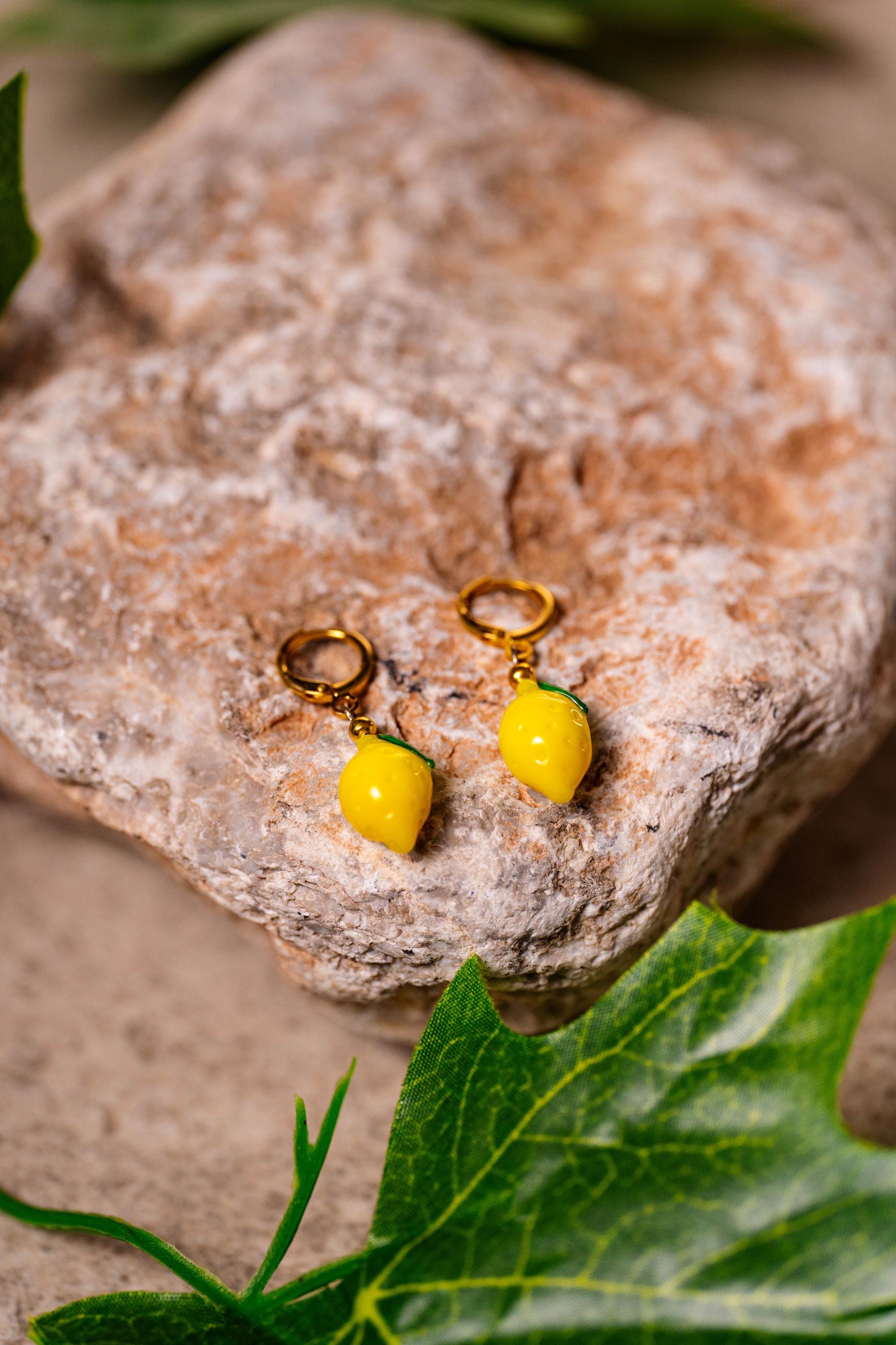 Handmade Murano Glass Lemon Earrings: Gold Plated Hoop Charm