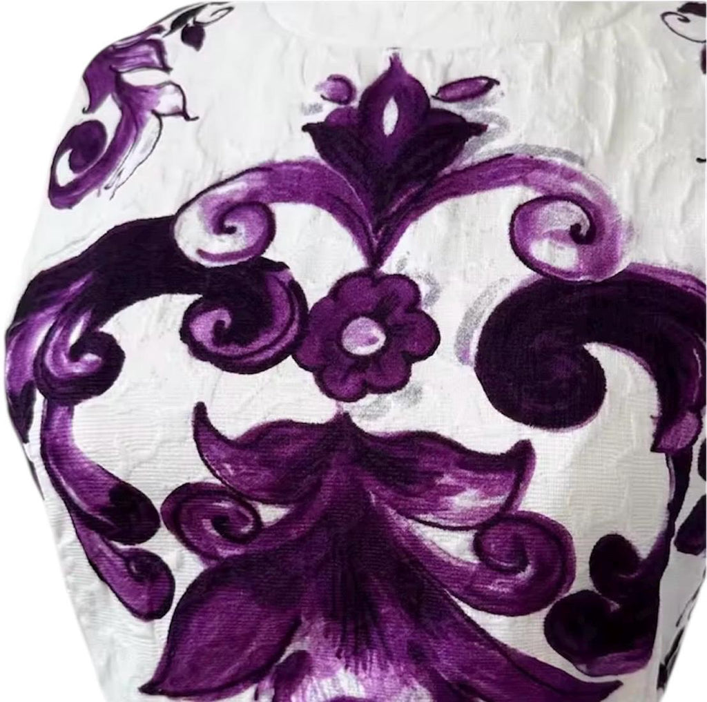 Handmade Italian designer Brocade Majolica print sleeveless mini dress, purple white Minidress summer dress