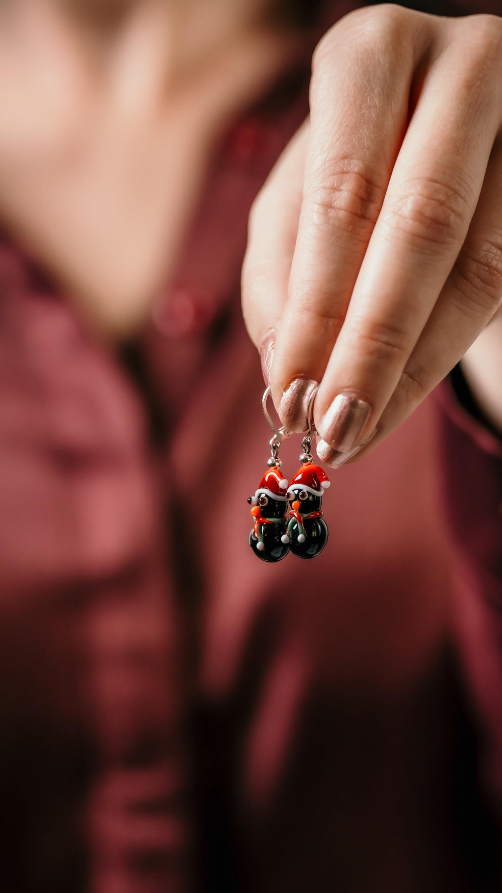 Handmade Murano Glass Christmas Earrings: Sterling Silver Snowman or Penguin