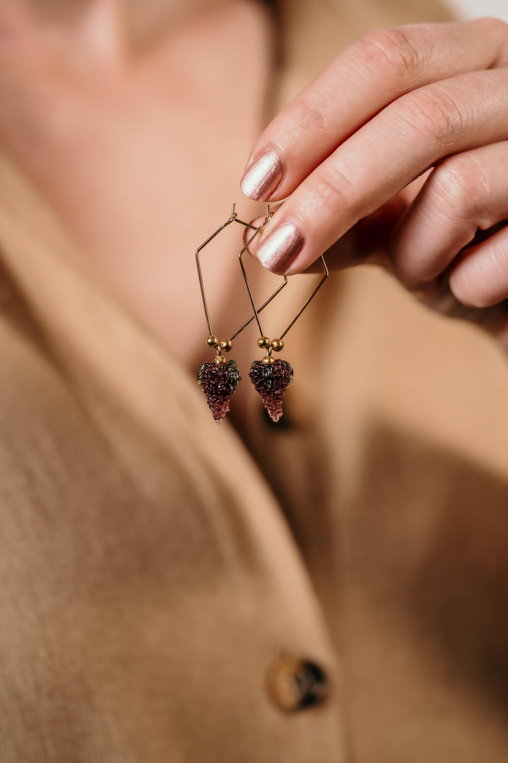 Handmade Murano Glass Grape Earrings: Gold Plated Hoop Charms