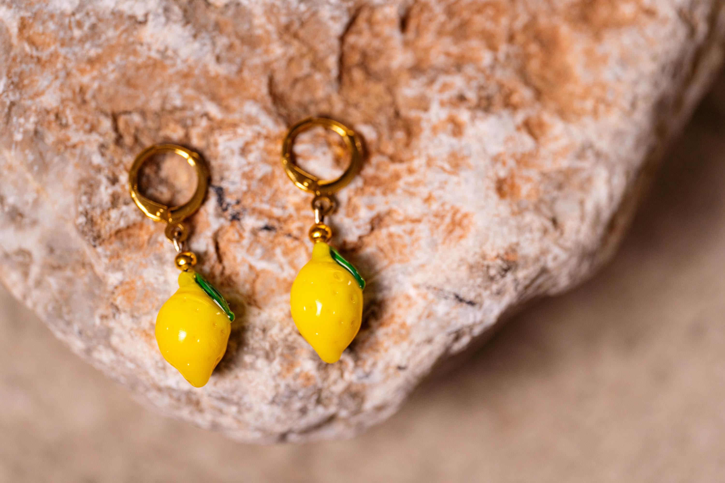 Handmade Murano Glass Lemon Earrings: Gold Plated Hoop Charm