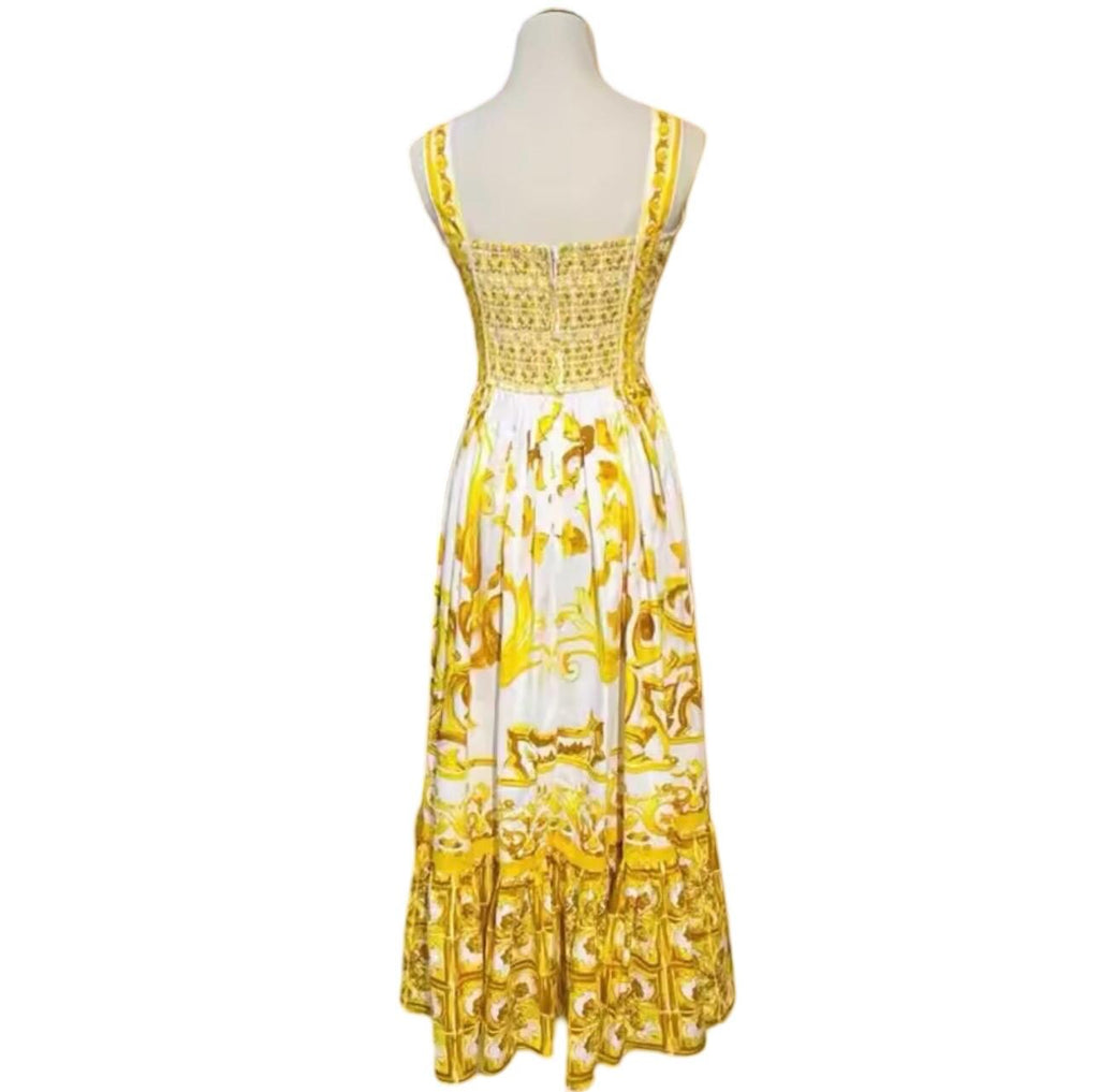 Handmade Italian Cotton Corset Dress: Majolica Print Calf-Length