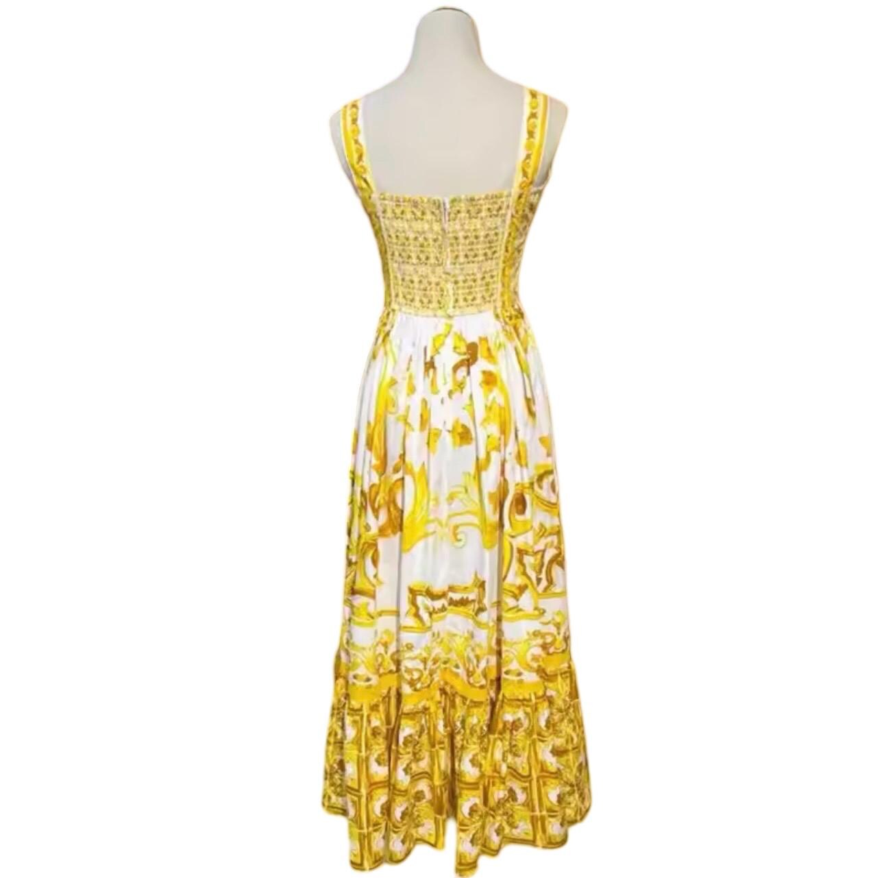 Handmade Italian Cotton Corset Dress: Majolica Print Calf-Length