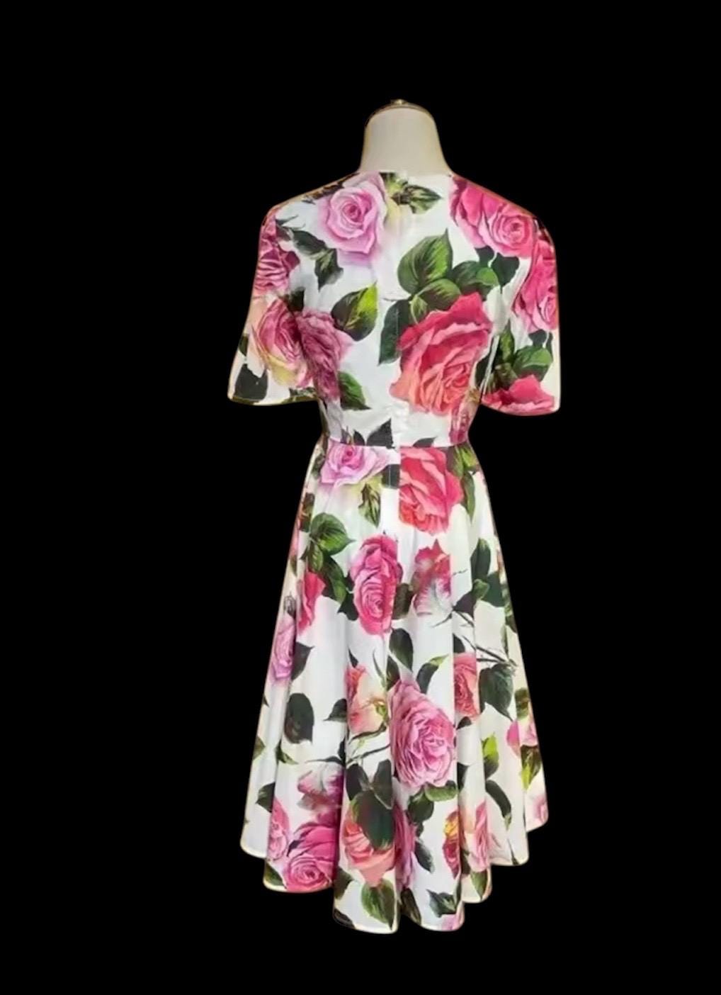 Handmade Italian Cotton Babydoll Dress: Pink Rose Print