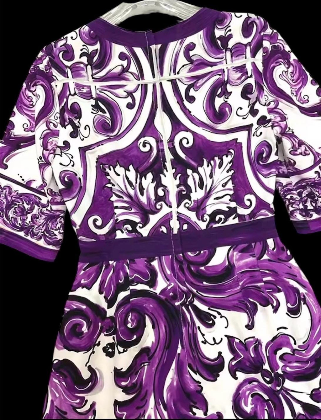 Italian Designer Cotton Mini Dress: Pink Roses Print, Purple Sleeves