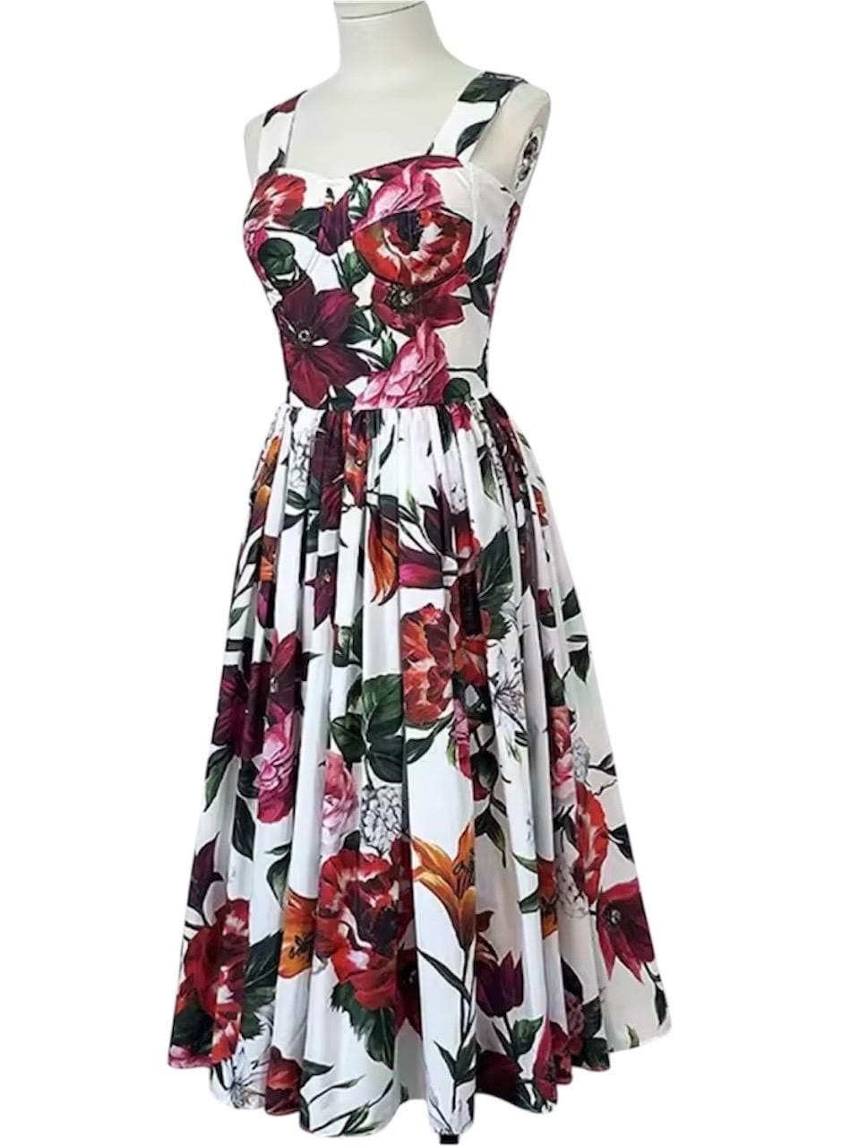 Handmade Italian designer Floral Print Popeline Midi Dress 100% cotton