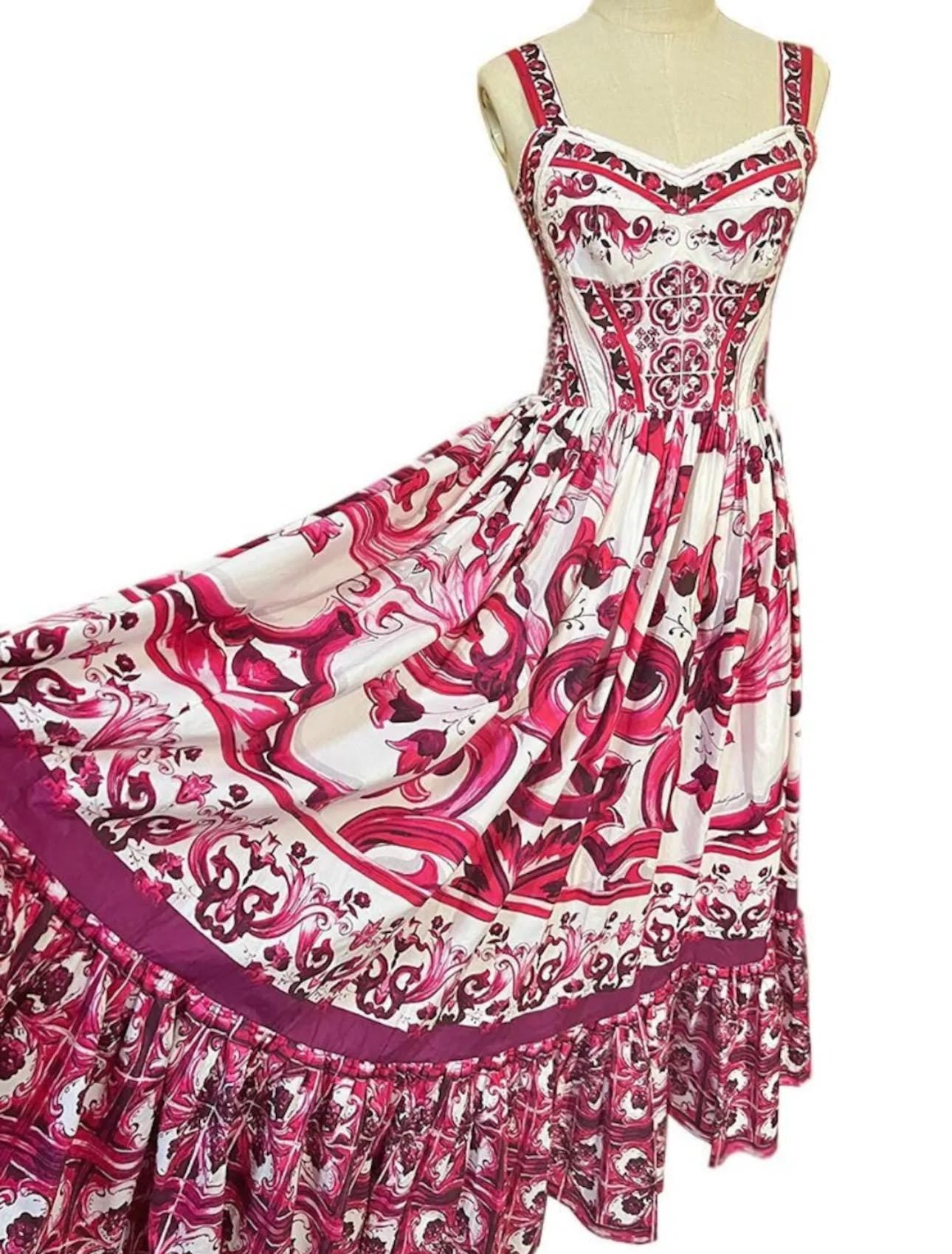 Handmade Italian Tiles Majolica Print 100% cotton Porcelain Print Long Sundress Red color