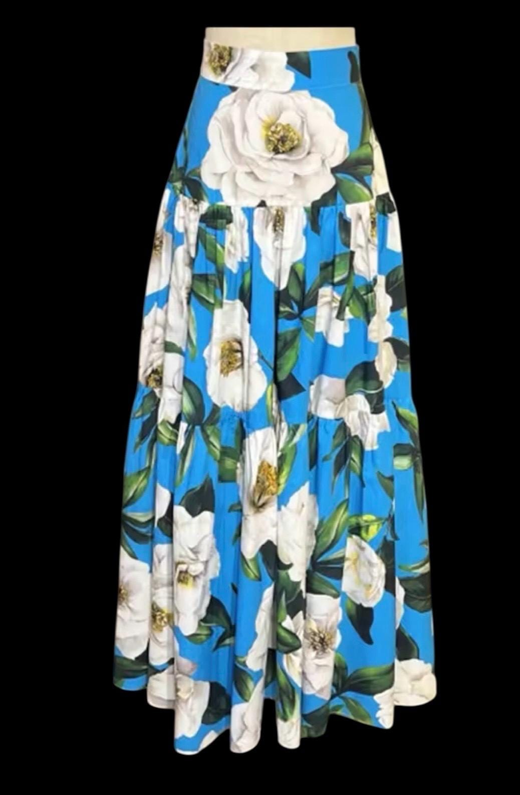 Handmade Italian designer Long ruffled skirt in gardenia-print cotton and blouse | Gardenia Print set