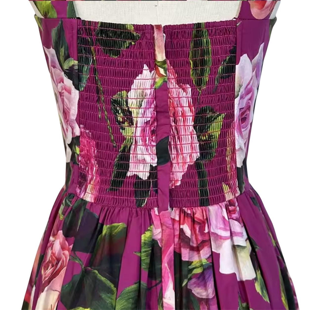 Italian Luxury designer Magenta Roses print push up 100% cotton dress