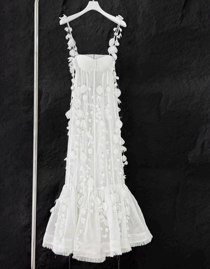 Floral Linen Silk Midi Dress: Italian Designer Handmade Luxury White color Wedding dress