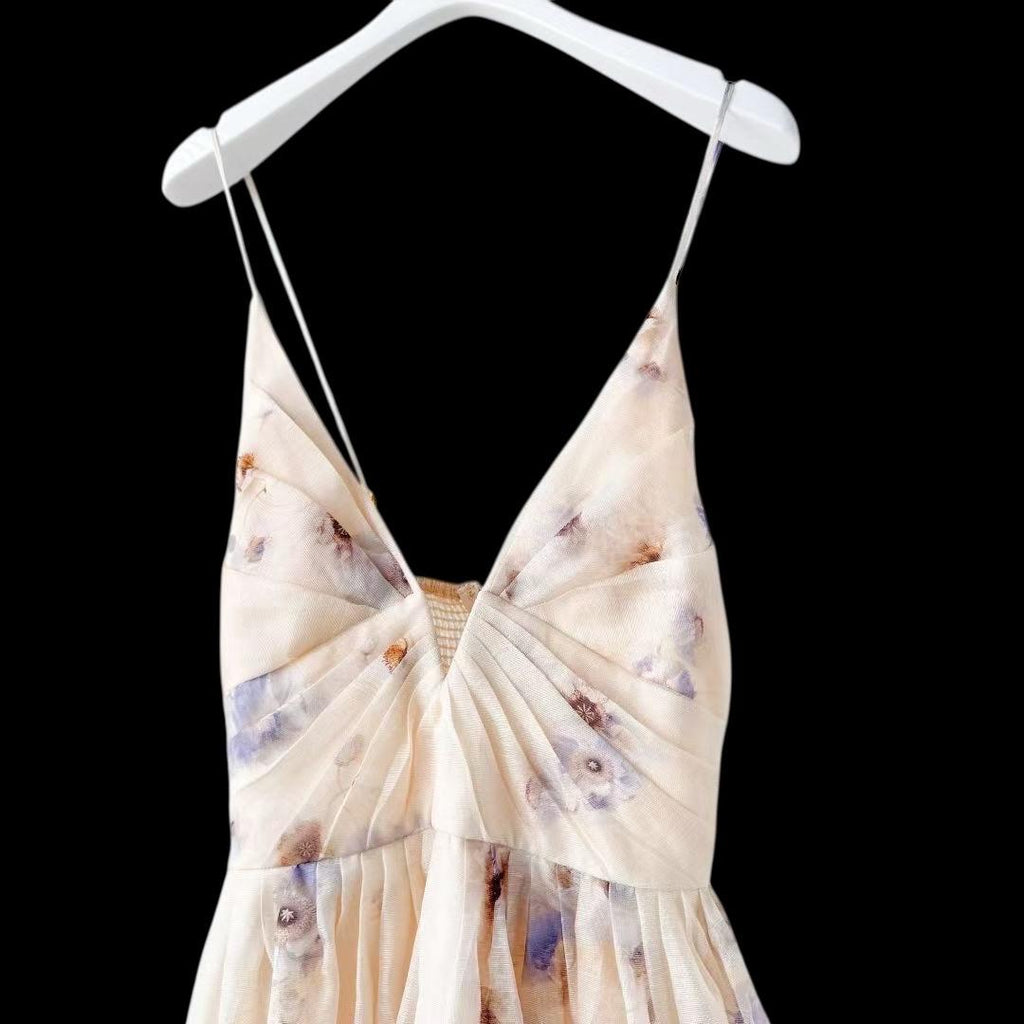 Floral Linen Silk Midi Dress: Italian Designer Handmade Luxury