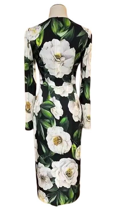 Italian Luxury Designer White Roses print long sleeve 100% silk dress Summer dress
