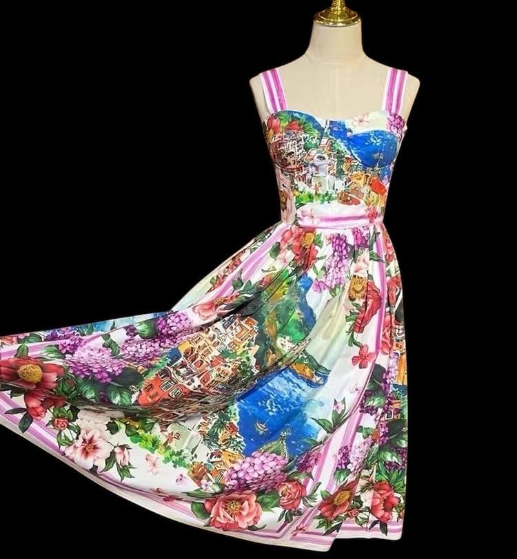 Handmade Italian designer Positano print push up cotton dress, dolce vita dress