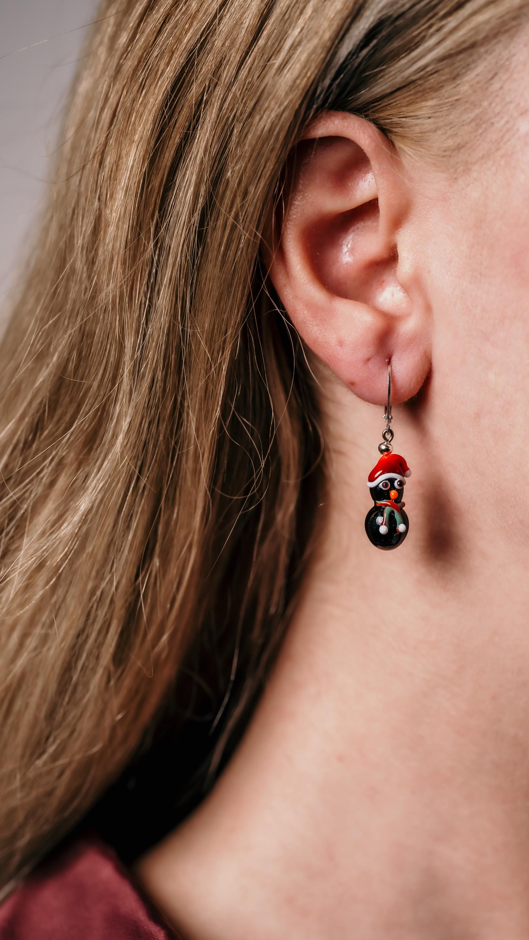 Handmade Murano Glass Christmas Earrings: Sterling Silver Snowman or Penguin