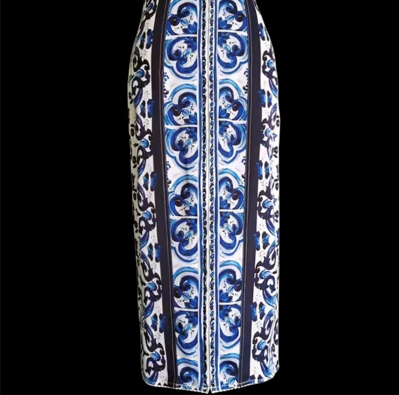 Hand made Italian Luxury Blue color Majolica 100% silk dress Summer dress