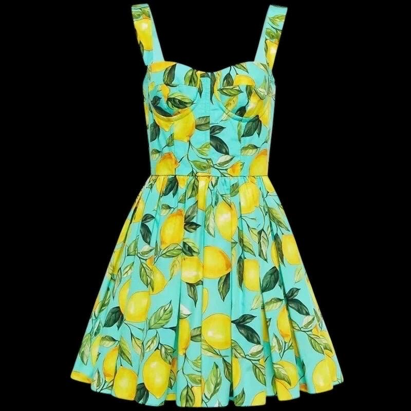 Handmade Italian Lemon Print Corset Mini Dress: 100% Cotton Summer Dress