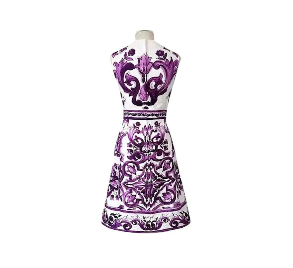 Handmade Italian designer Brocade Majolica print sleeveless mini dress, purple white Minidress summer dress