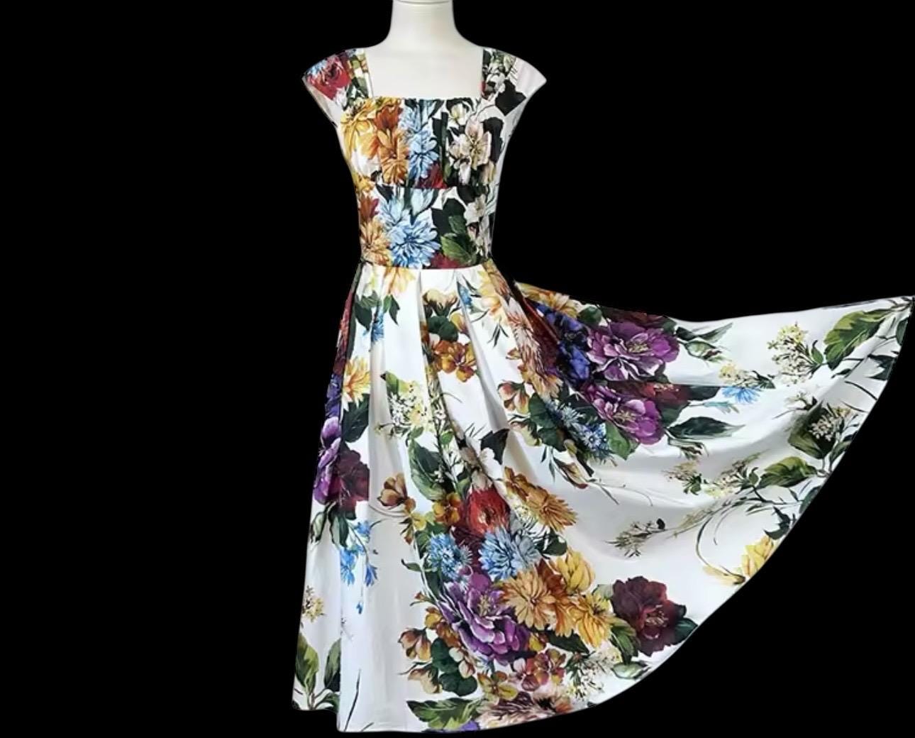 Handmade Italian Cotton Floral Midi Dress: Designer Summer Dress