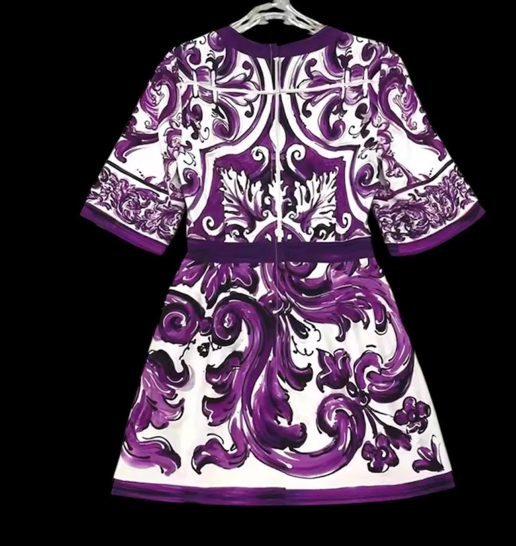 Italian Designer Cotton Mini Dress: Pink Roses Print, Purple Sleeves