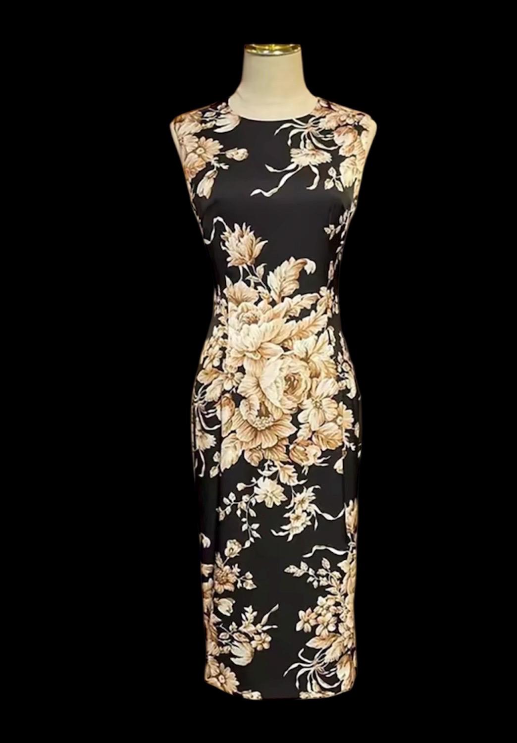 Handmade Italian Long sleeves Floral print 100% silk dress Black color