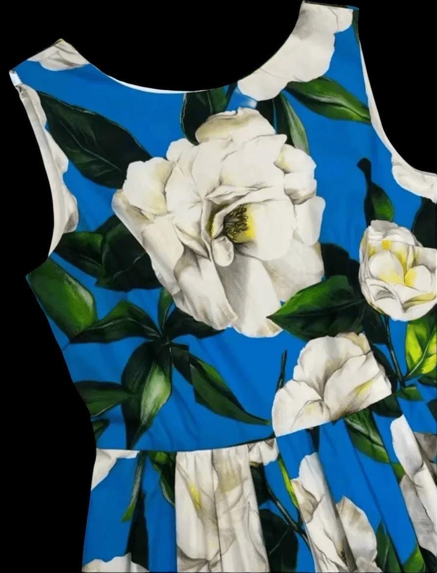 Italian designer White Roses on Blue print plunge back 100% cotton dress