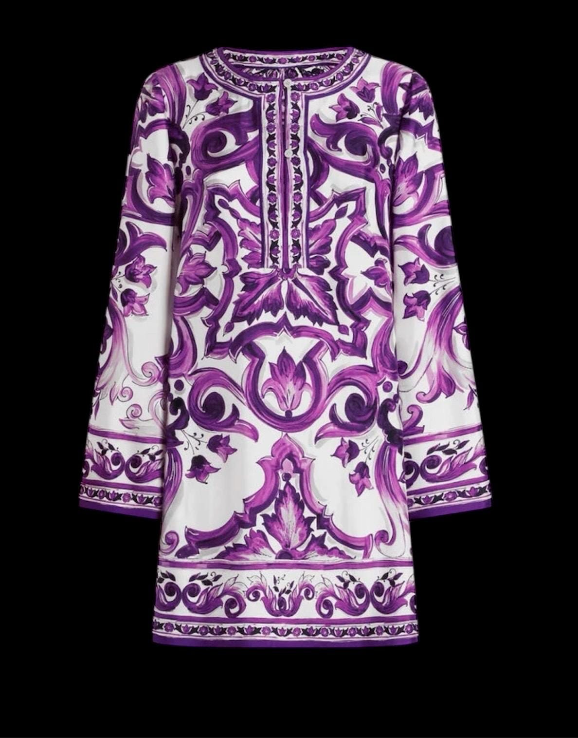 Handmade Italian Silk Brocade Mini Dress: Majolica Print Long Sleeve