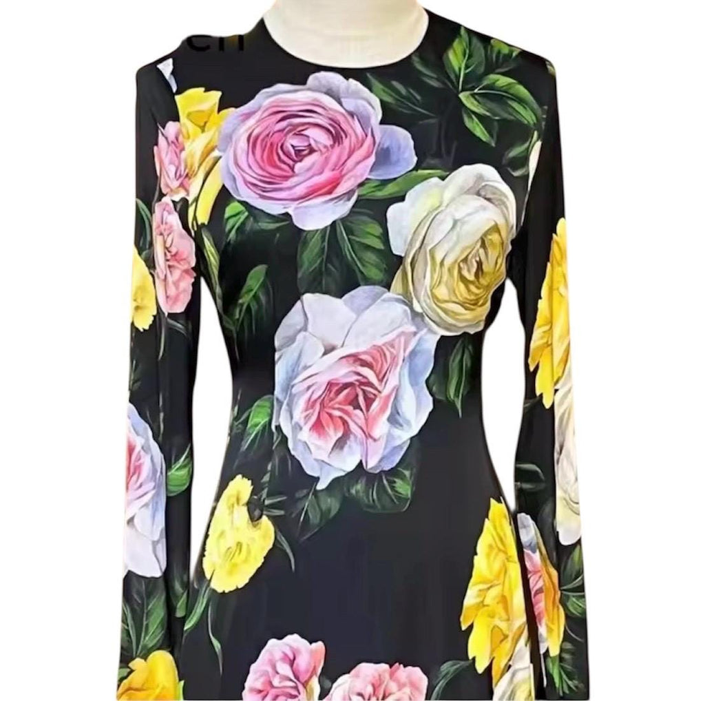 Handmade Italian Long sleeves Roses print silk dress