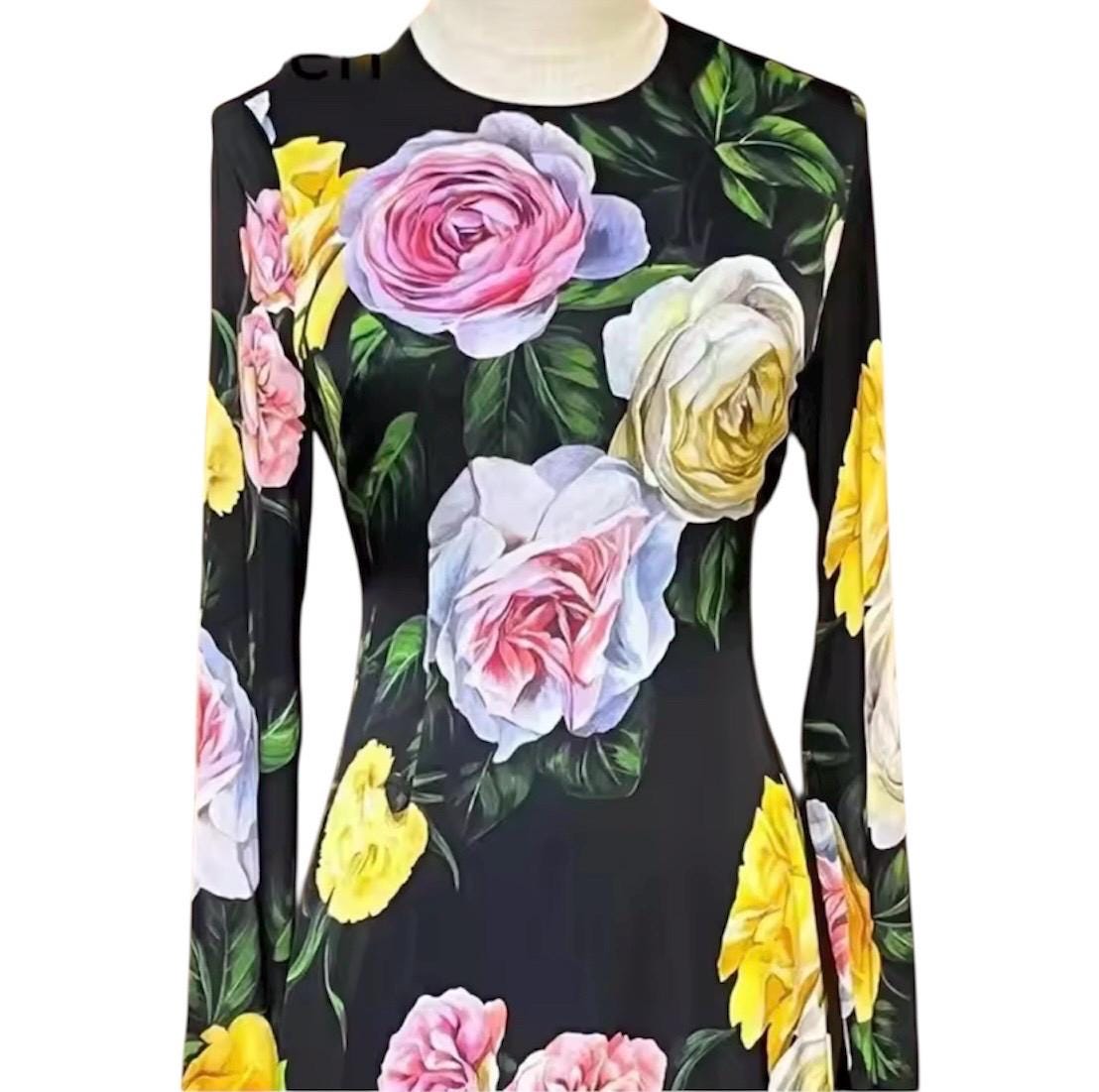 Handmade Italian Long sleeves Roses print silk dress