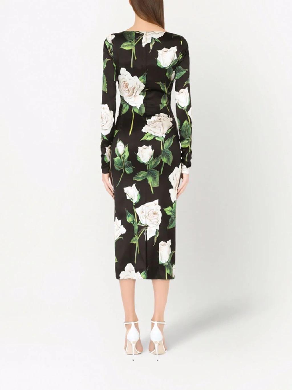 Italian Luxury Designer White Roses print long sleeve 100% silk dress Summer dress