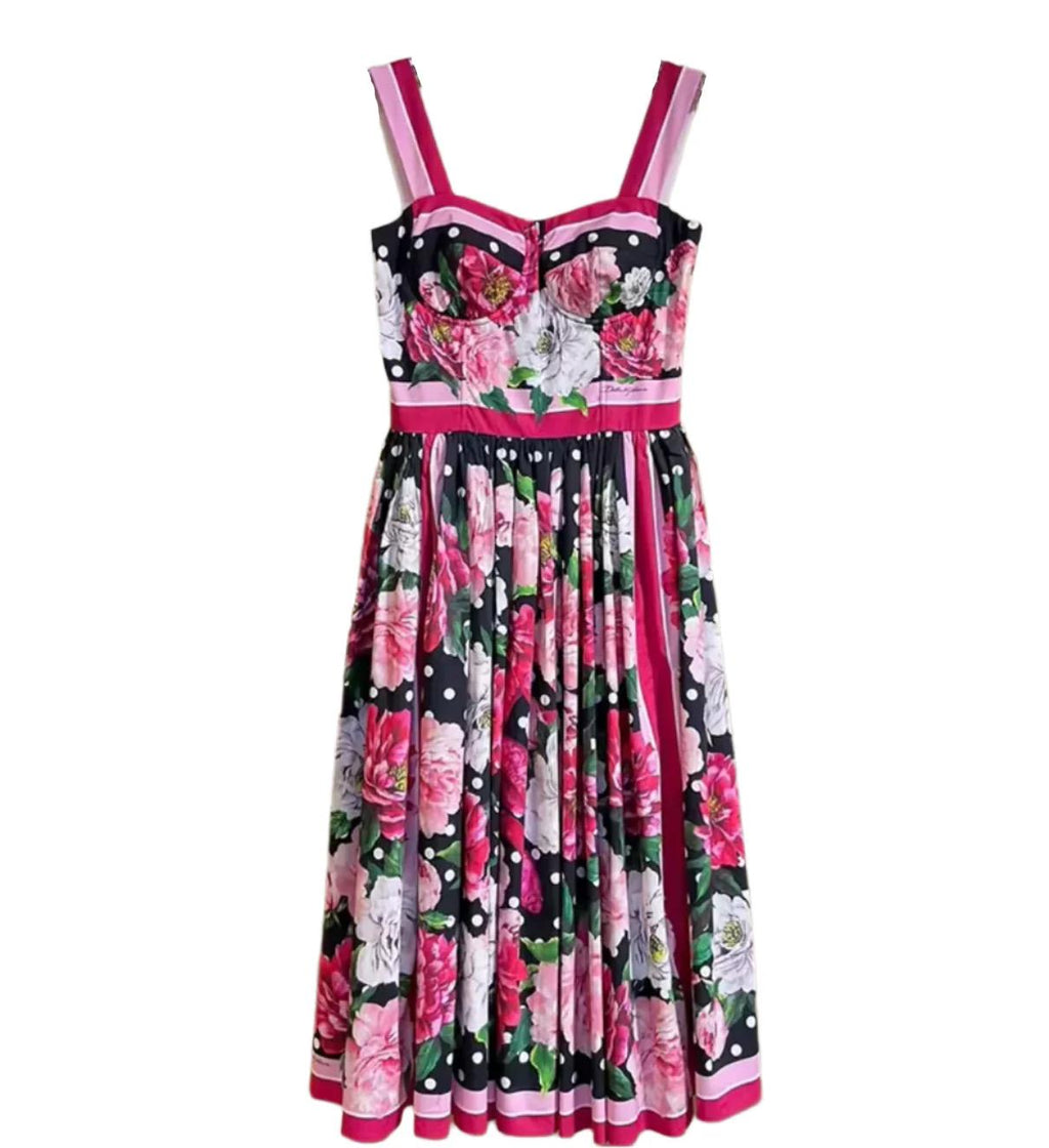 Italian Luxury designer Roses and Polka Dot print push up 100% cotton dress