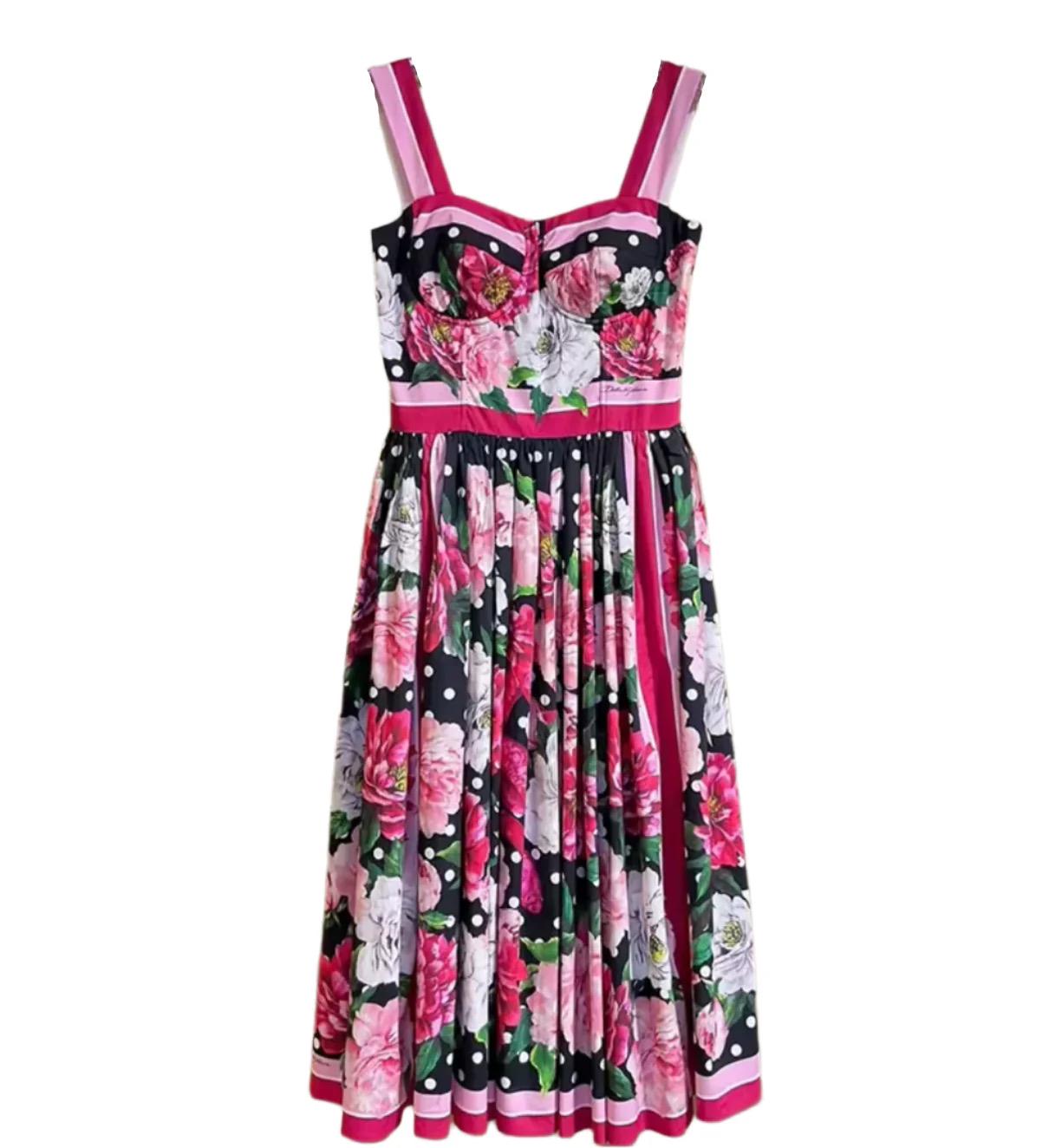 Italian Luxury designer Roses and Polka Dot print push up 100% cotton dress