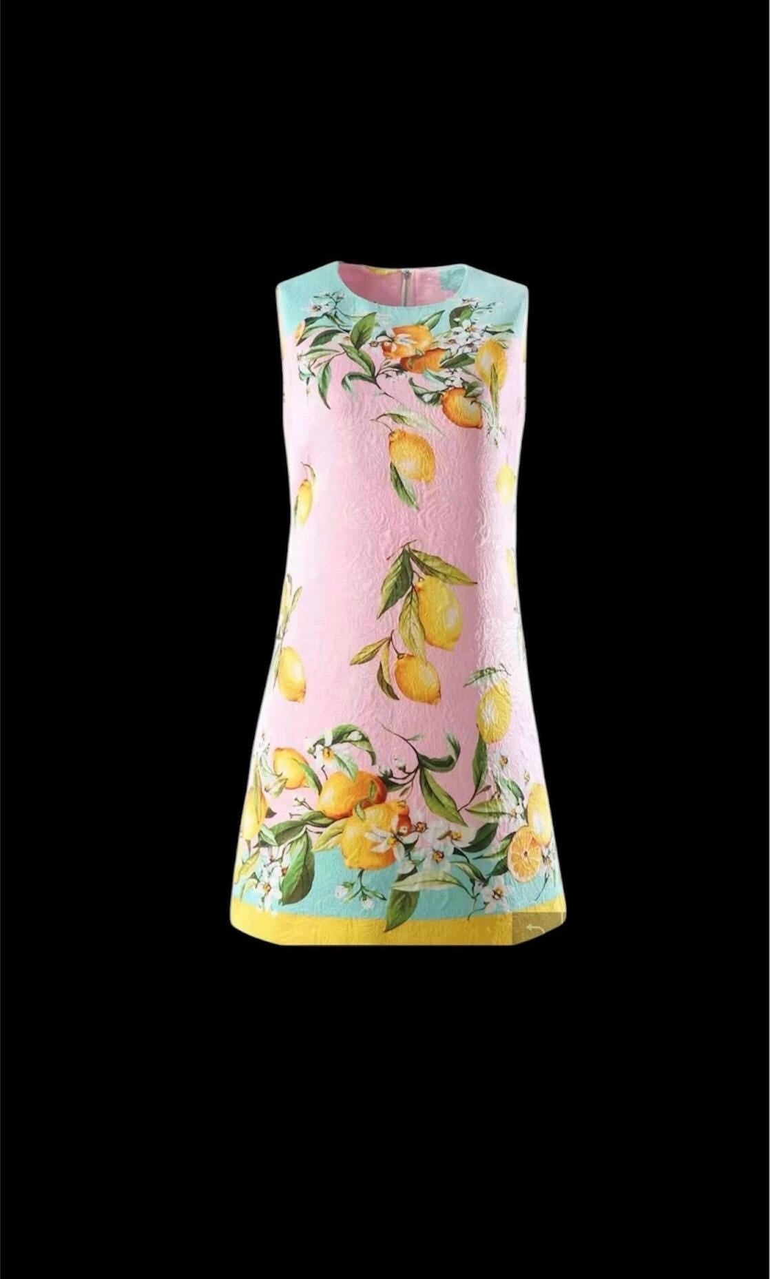 Handmade Italian designer Brocade pink Lemons print sleeveless mini dress