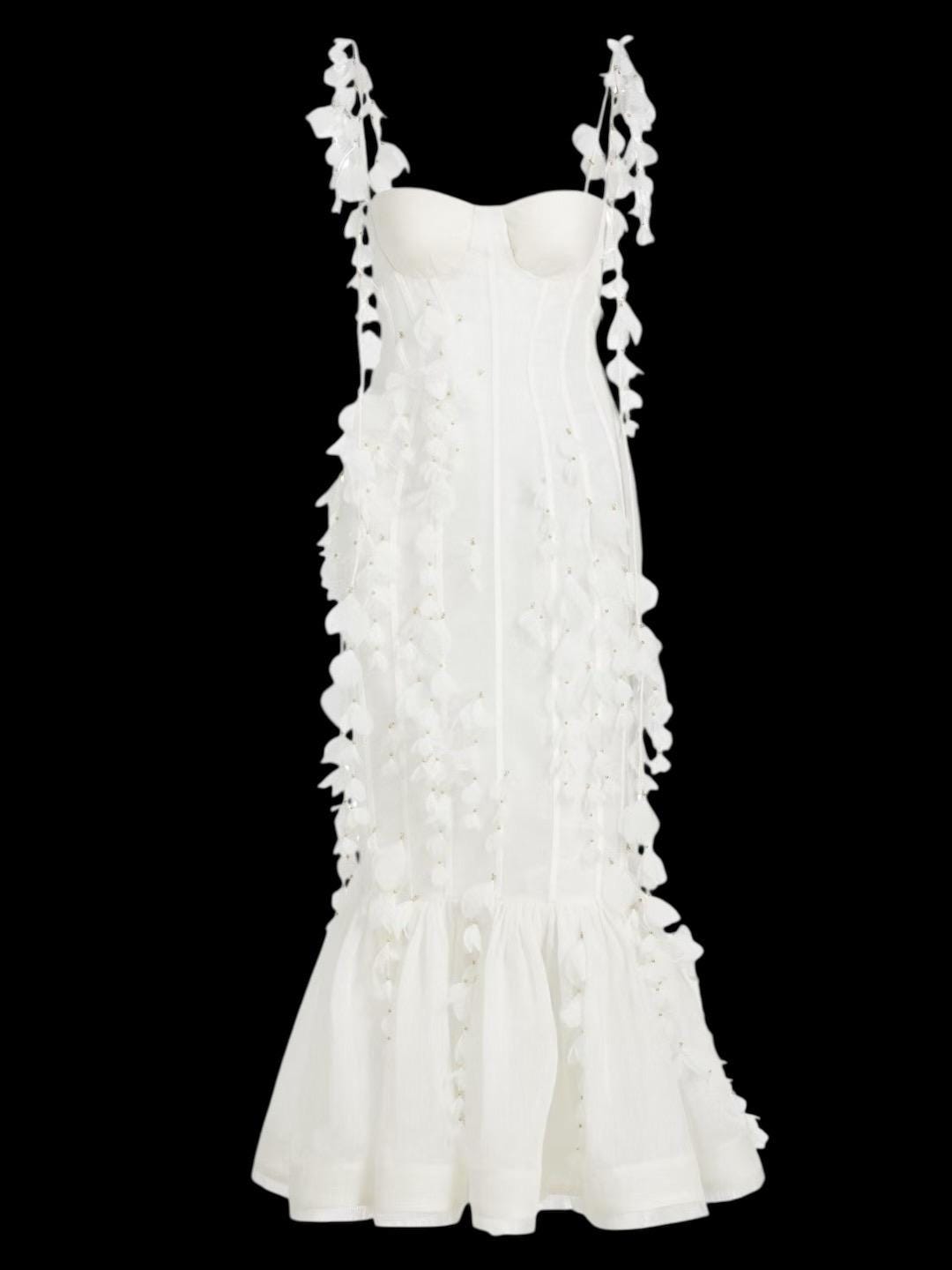 Floral Linen Silk Midi Dress: Italian Designer Handmade Luxury White color Wedding dress