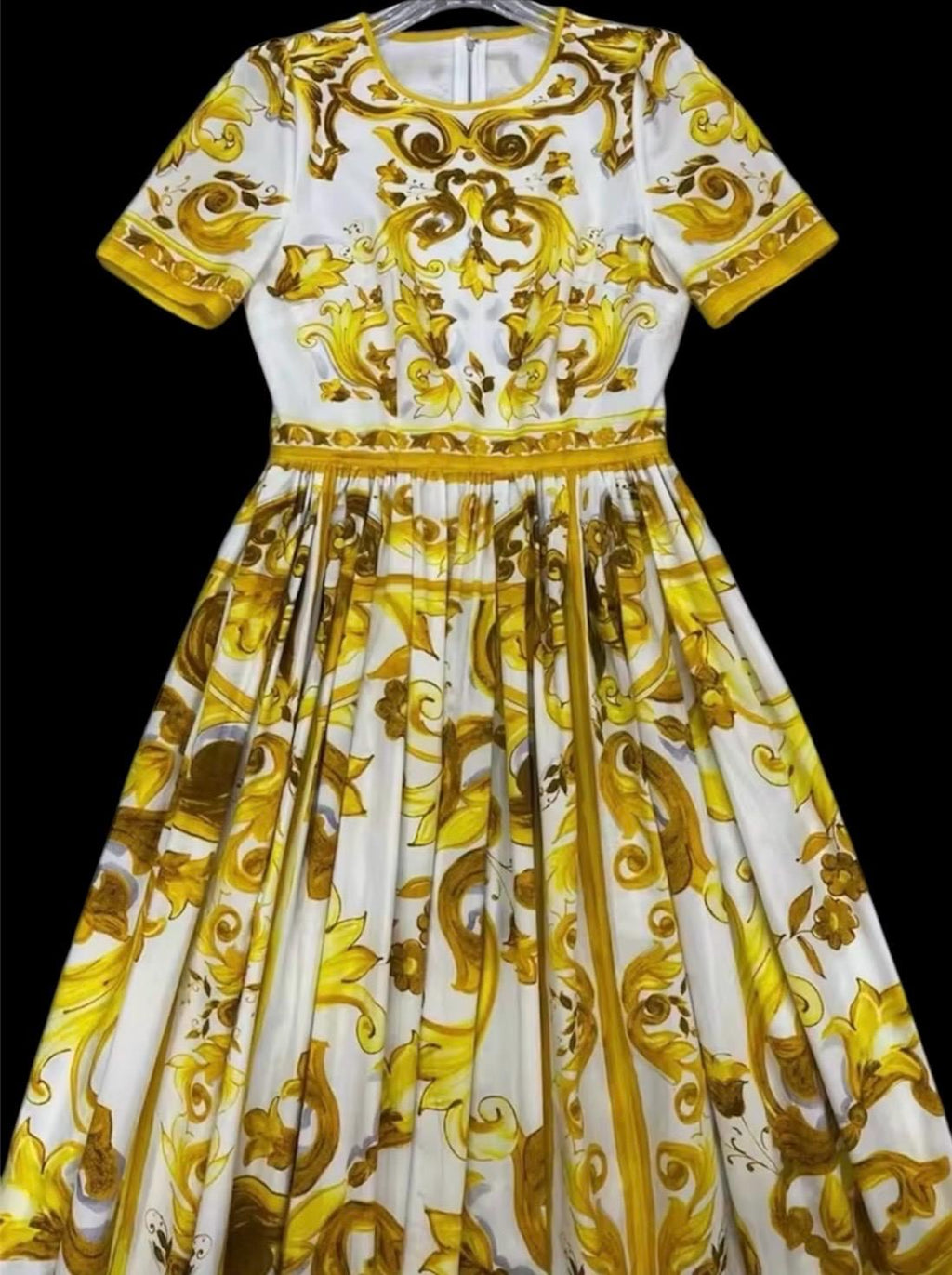 Italian Luxury yellow Tiles Majolica shirt sleeve dress 100% cotton dress