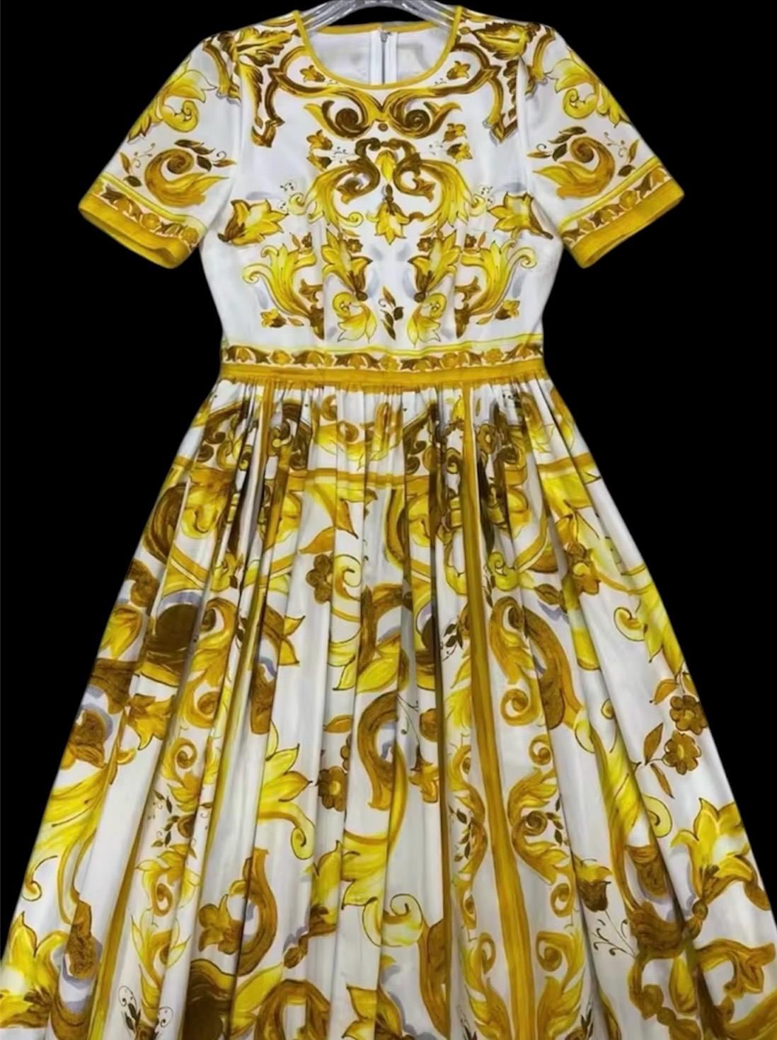 Italian Luxury yellow Tiles Majolica shirt sleeve dress 100% cotton dress