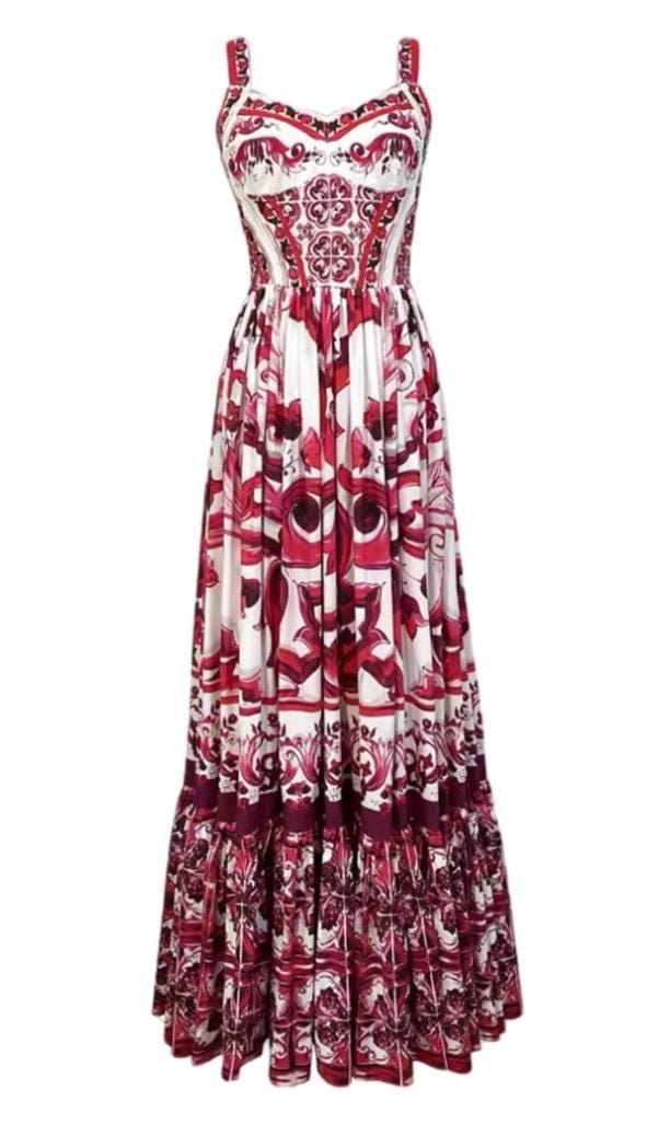 Handmade Italian Tiles Majolica Print 100% cotton Porcelain Print Long Sundress Red color
