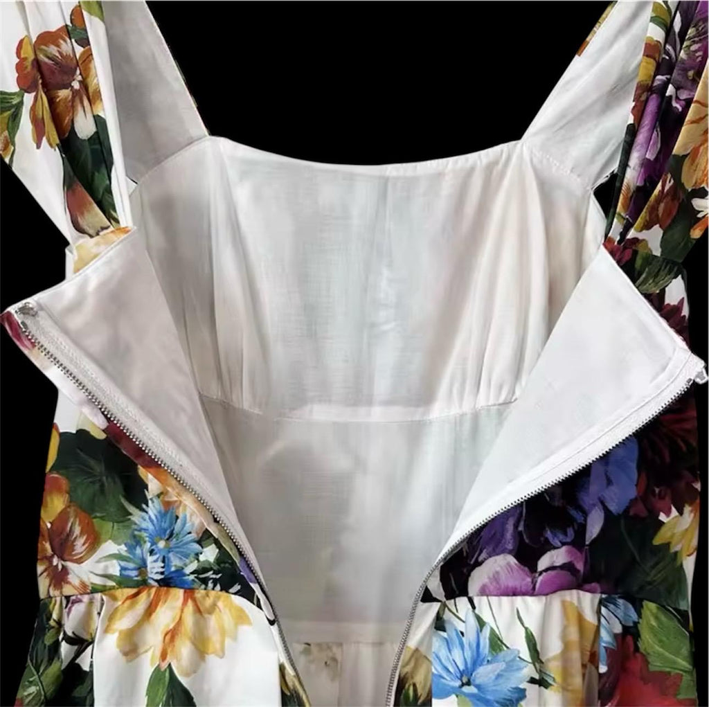 Handmade Italian Cotton Floral Midi Dress: Designer Summer Dress