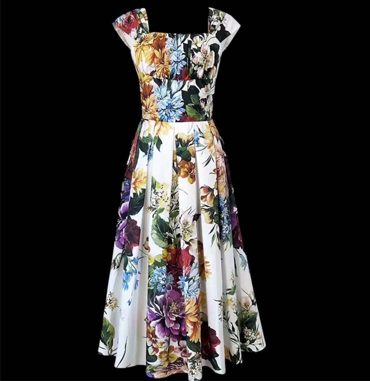 Handmade Italian Cotton Floral Midi Dress: Designer Summer Dress
