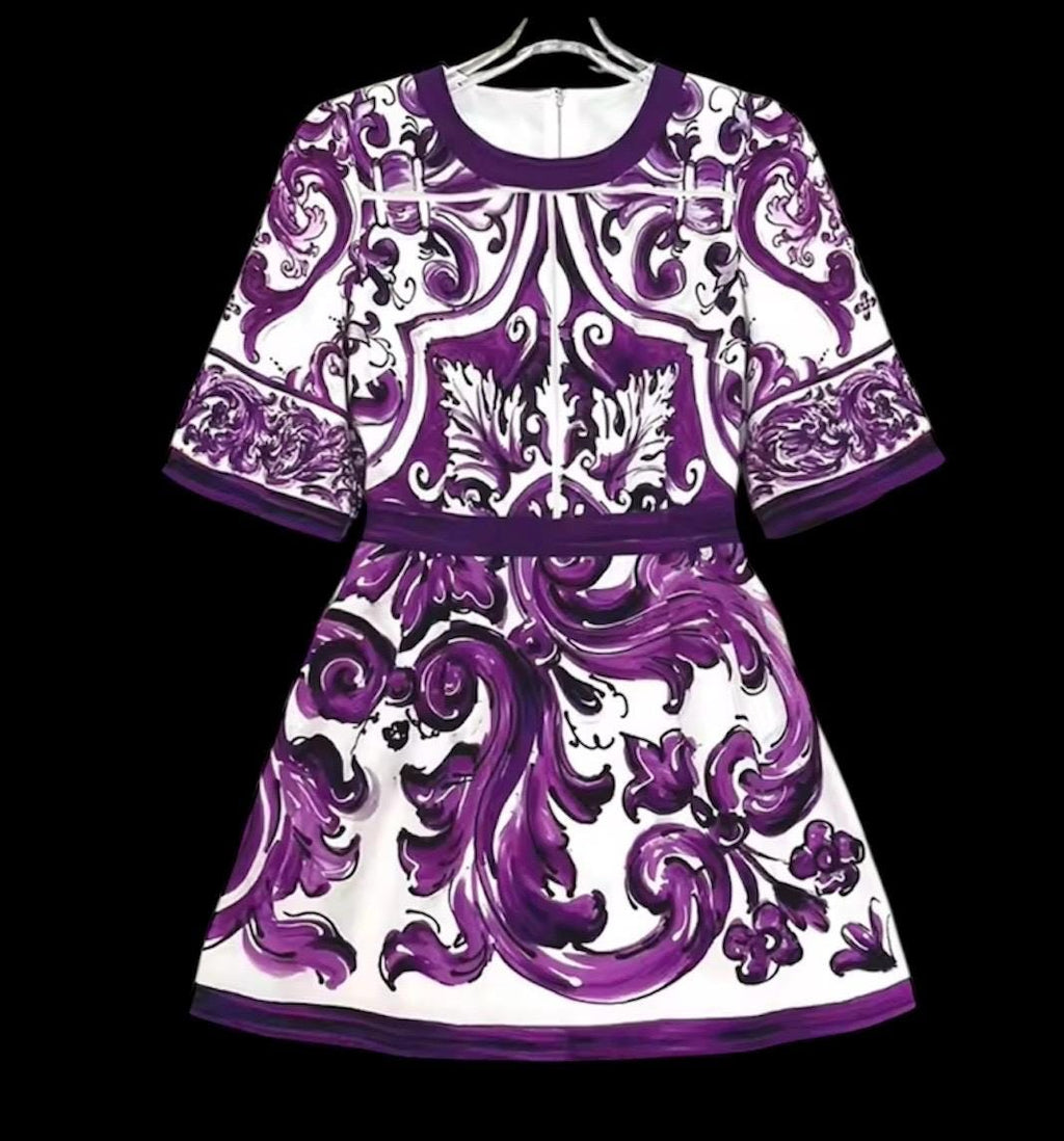 Italian Designer Cotton Mini Dress: Pink Roses Print, Purple Sleeves