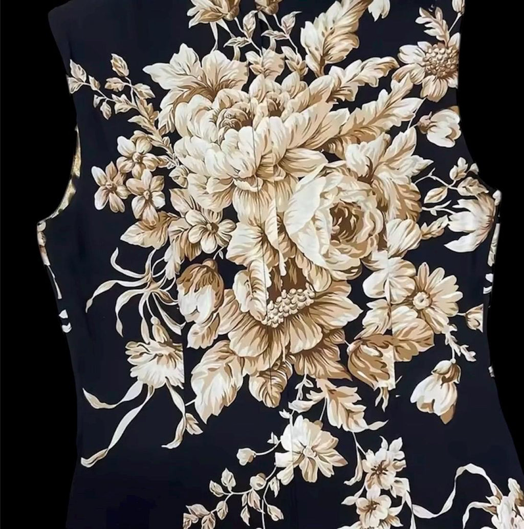 Handmade Italian Long sleeves Floral print 100% silk dress Black color