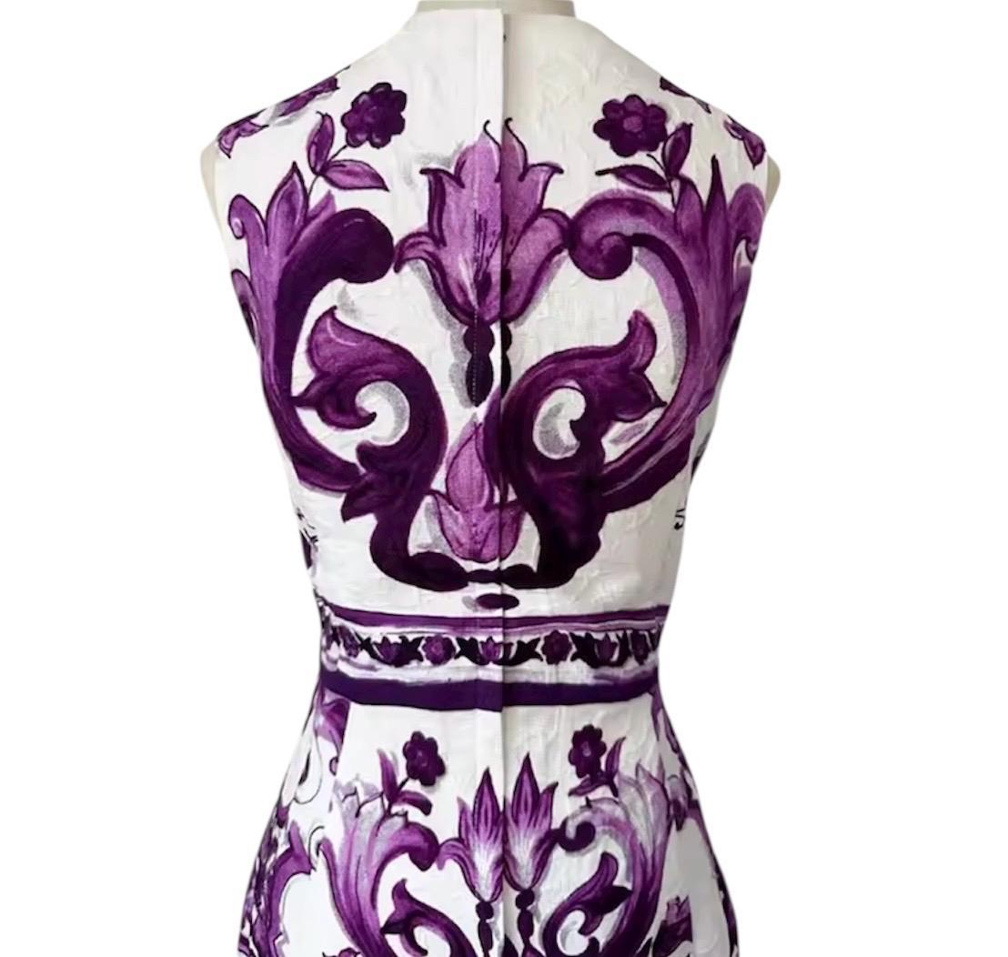 Handmade Italian designer Brocade Majolica print sleeveless mini dress, purple white Minidress summer dress