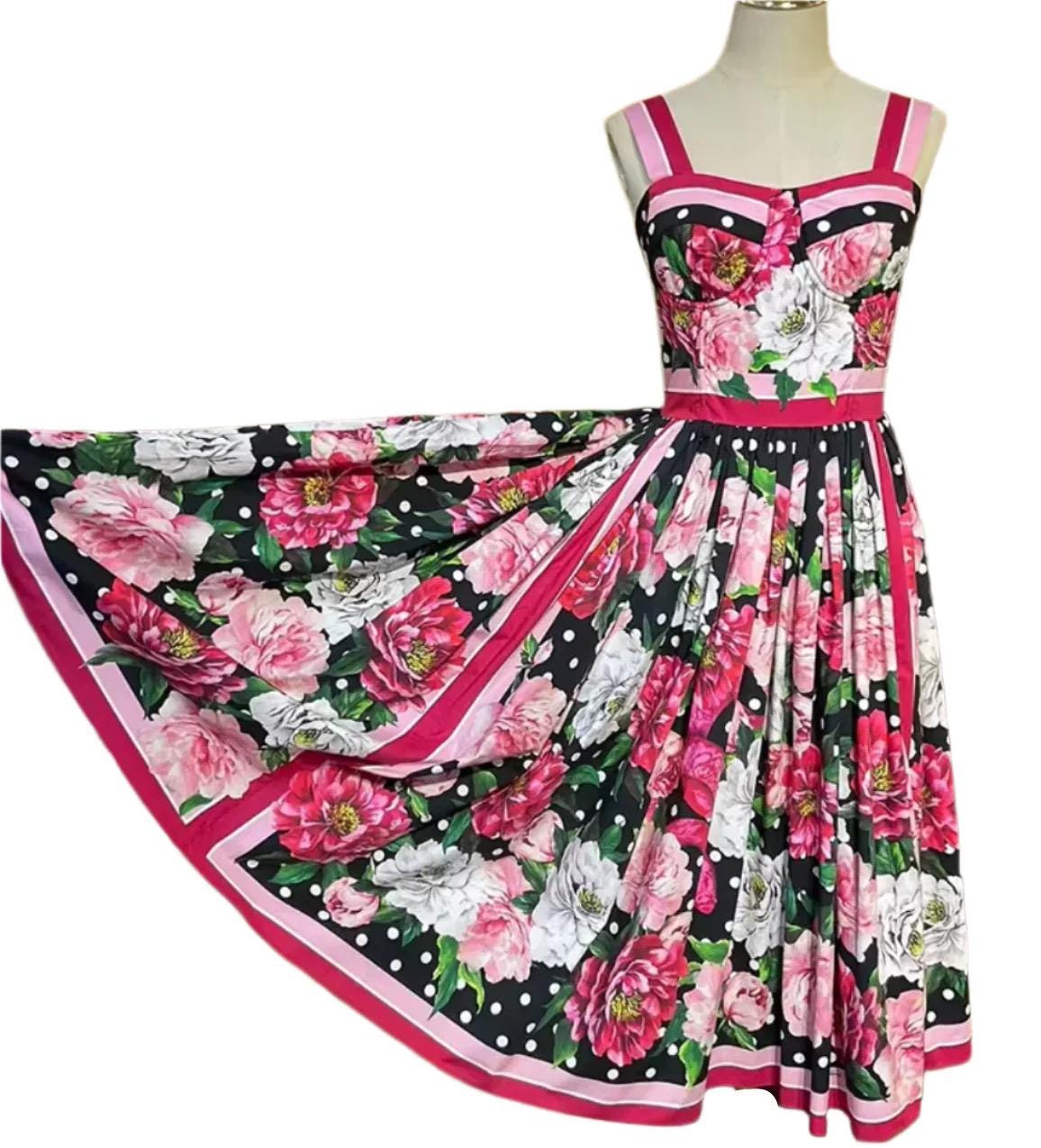 Italian Luxury designer Roses and Polka Dot print push up 100% cotton dress