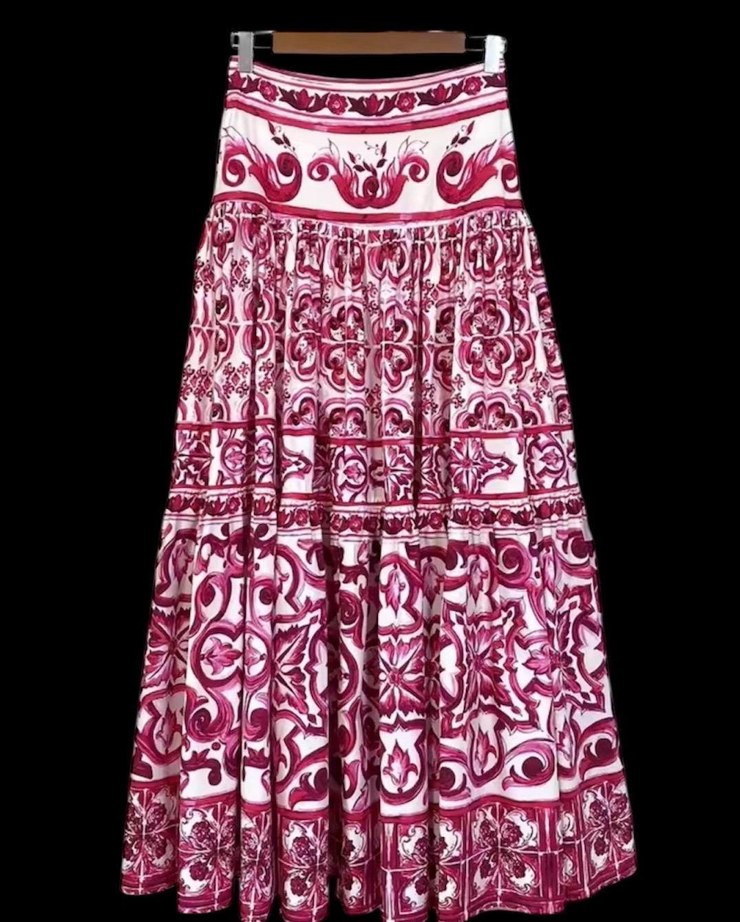 Italian Tile Print Crop Top and Skirt Set: Handmade Cotton Summer Dress