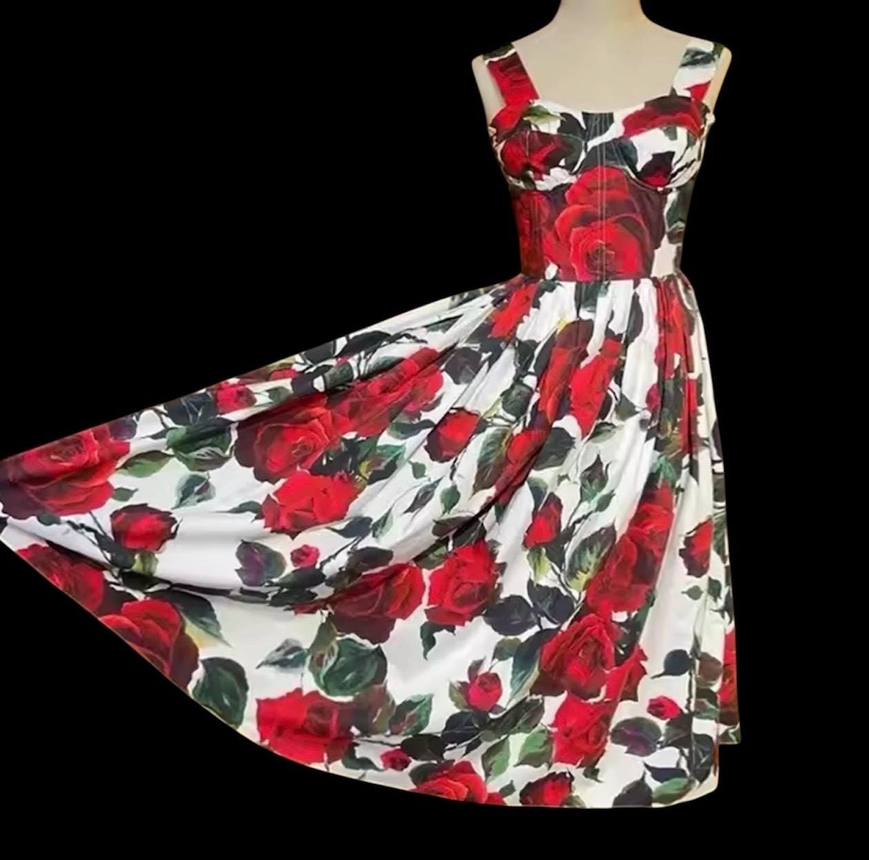 Handmade Italian designer floral-print roses print midi dress push up cotton dress