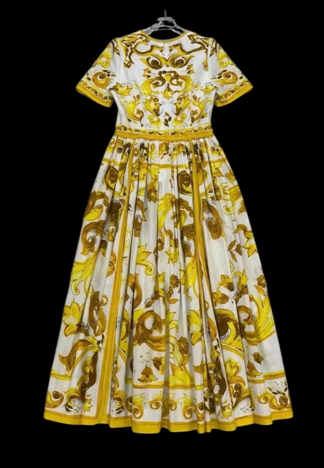Italian Luxury yellow Tiles Majolica shirt sleeve dress 100% cotton dress